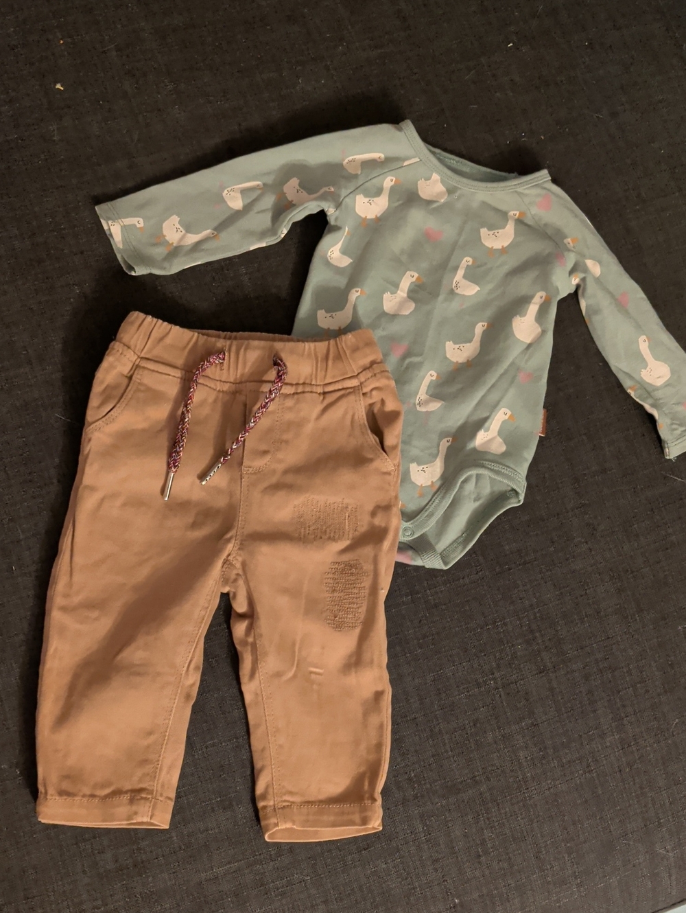 Baby Two-Piece Outfit - Sage Goose Print Bodysuit & Tan Jogger Pants